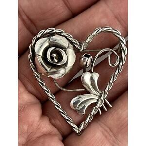 Vintage Lang Sterling Silver 925 Flower Heart Pin Brooch